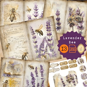 Kit de diário de abelhas Junkjournal Honeycomb Floral Bee Honey Bee Printable Lavender Bee Journal Queen Bee Apicultor Papers Beehives Nature Bee Gifted