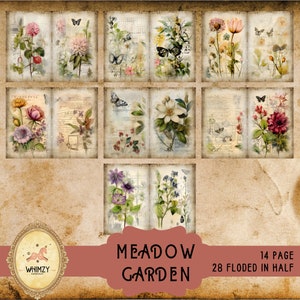 Puede incluir: Un conjunto de 14 p&aacute;ginas imprimibles con ilustraciones vintage de flores y mariposas. Las p&aacute;ginas est&aacute;n dise&ntilde;adas para doblarse por la mitad, creando 28 tarjetas en total. El t&iacute;tulo "Meadow Garden" se muestra en la parte inferior de la imagen.