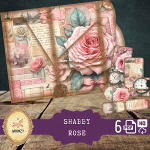Rosen Trifold Folio Junkjournal Kit Vintage Shabby DIY Mini Folio Junk Journal Kit Digitaler Falt-Folio-Ordner-Kit Tascheneinsatz Ephemera