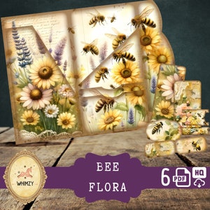 Kit de mini-journaux indésirables à trois volets Flora d'abeilles vintage Mini-kit de journal intime bricolage à trois volets, kit de pochettes folio pliantes numériques, pochette éphémère