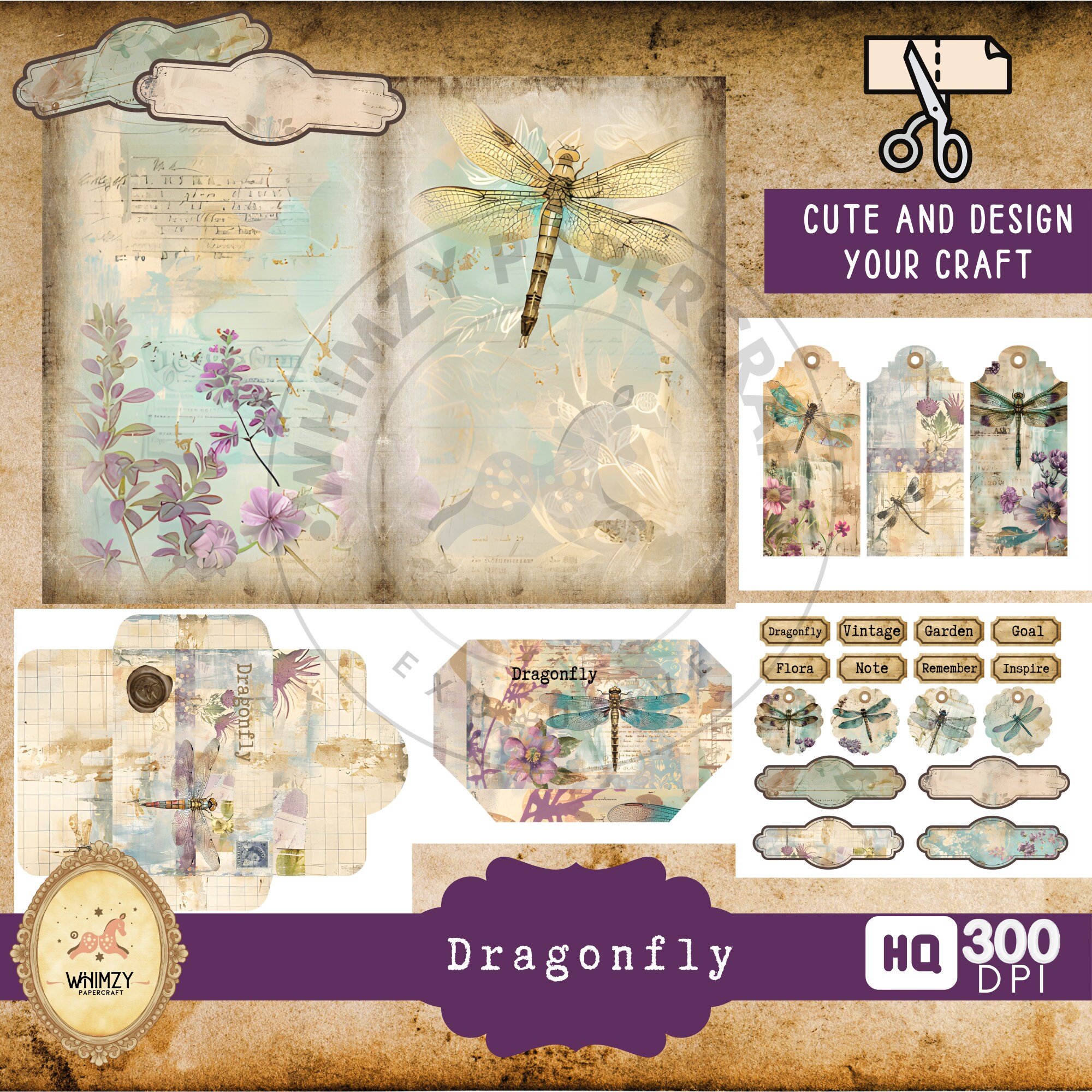 Dragonfly Junk Journal Kit, Vintage Dragonflies Digital Papers ...