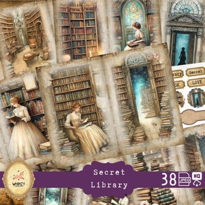 Library Junk Journal Kit, Printable Ephemera, Tags, Dark Academia, Old Book, Secret Library, Victorian