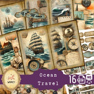 Travel Junk Journal Kit (Printable JPG Pages with Ephemera, Tag) Ocean Suitcase Holiday Vacation Memory Old Map Sea Digital Paper