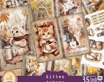 Op de afbeelding: Een digitale collage van 35 afbeeldingen met schattige kittens in herfstachtige omgevingen. De kittens zijn afgebeeld terwijl ze genieten van koffie, knuffelen en spelen in een gezellige sfeer. De afbeeldingen zijn perfect voor knutsel-, scrapbook- en digitale ontwerp projecten.