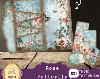 Butterfly Rose Junk Journal Kit: Vintage Trifold Folio, Ephemera (digital nedladdning)