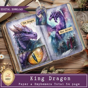 May include: An open book with dragon illustrations and a bookmark. The dragon art features purple and blue scales, with the text "The Dragon" and "War Notes." A banner at the bottom reads "King Dragon" and "Paper & Emphemera Total 54 page."