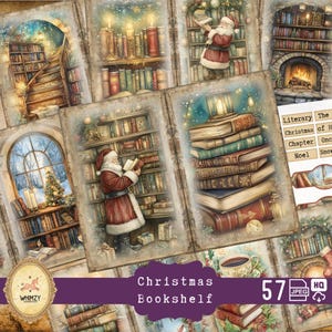 May include: A digital collage of 57 Christmas-themed images featuring a variety of bookshelves, stacks of books, and a fireplace. The images are in a vintage style with a warm color palette. The text "Christmas Bookshelf" is displayed in the center of the image.