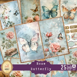 Aquarell Schmetterling Junk Journal Seiten, Fantasy Vintage Schmetterlinge Junk Journal Kit, Magische Rose Printable Junk Journal Papier Blau
