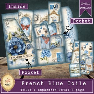 French Toile Junk Journal Kit: Vintage Travel Mini Folio (Digital Download)