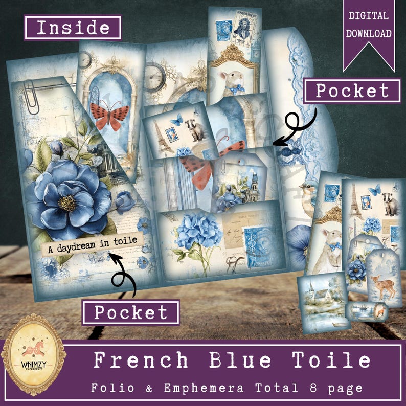 French Toile Trifold Folio Junk Journal Kit Vintage Travel Mini Folding ...
