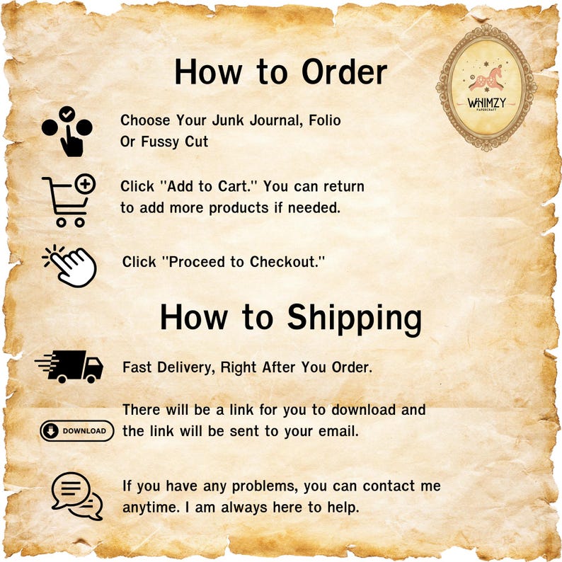 May include: A digital illustration of a how-to guide for ordering and shipping junk journals, folios, and fussy cuts. The guide includes icons for adding to cart, proceeding to checkout, and downloading a digital file. The text includes the phrase "Whimsy Handmade".
