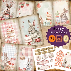 Kit di diario spazzatura coniglietto di fragole, pagina di diario di frutta in stile vintage, effimeri, taglio pignolo, abbellimento di album, kit artigianale stampabile