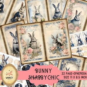 Shabby Chic Junkjournal Kit Kaninchen Blume Vintage Hase Kaninchen Landhaus Charme Blau shabby Blume druckbare Kaninchen Wald Wald Waldland