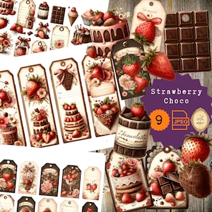 Etiqueta de chocolate y fresa Diario basura Efímera roja Receta de corte quisquilloso Foog Diario basura Despensa Papel para hornear Cocina Cocina Fruta Imprimible