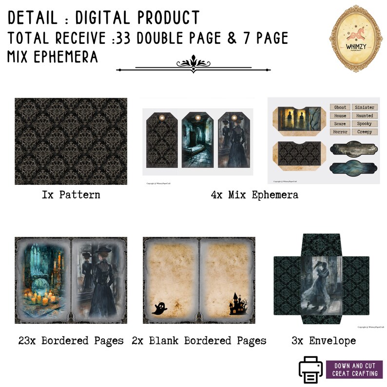 Pu&ograve; includere: Un pacchetto digitale stampabile di ephemera a tema Halloween, che include 33 progetti a doppia pagina, 7 pagine singole, 1 motivo, 4 ephemera miste, 23 pagine con bordo, 2 pagine con bordo bianco, 3 buste e 4 etichette. I progetti presentano un'estetica gotica e inquietante con immagini di una casa infestata, un fantasma, una donna con un vestito nero e uno sfondo scuro con motivi.