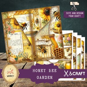 May include: Digital paper pack with a honey bee and sunflower theme. The pack includes images of honeycombs, jars of honey, bees, and sunflowers. The text "Honey Bees" and "Cute and Design Your Craft" are included in the image.