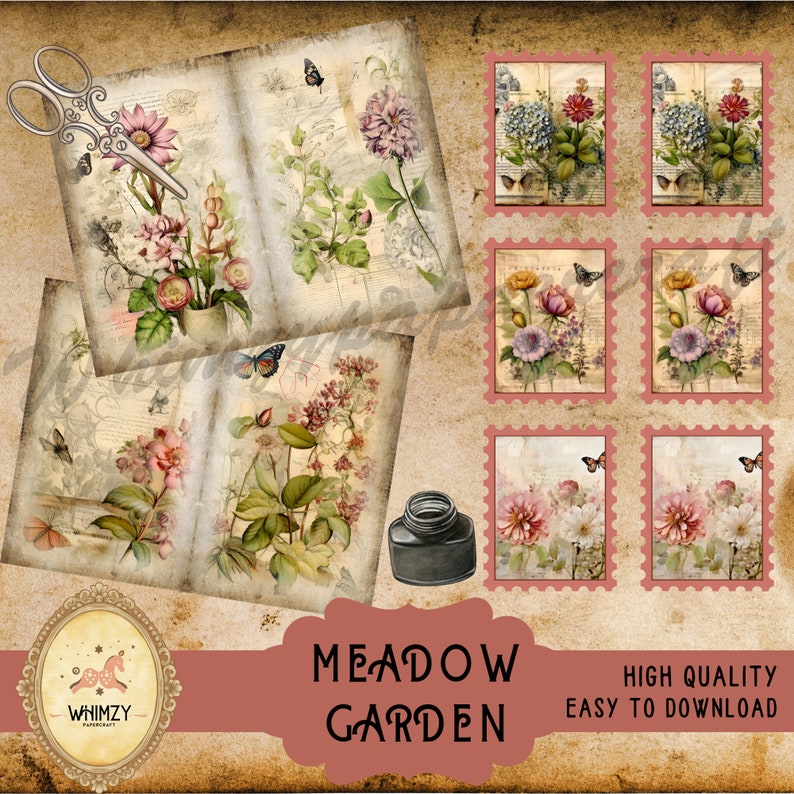 wildflower ephemera, floral collage sheets, DIY junk journal kit, meadow scrapbooking papers, garden printable sheets, cottagecore floral printables, junk journal inserts, instant download