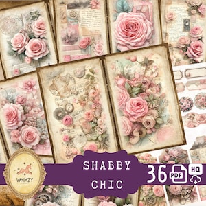 Shabby Chic Junk Journal Kit Etiquetas Efêmeras Relógio Pastel Rosa Rosa Papel Digital Download Digital Etiquetas Flores Imprimíveis Pink Junk Journal