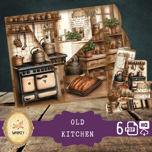 Alte Küche Alte Speisekammer Trifold Folio Junkjournal Kit Vintage DIY Mini Folio Junk Journal Kit Digitale faltende Folio Ordner Kit Tascheneinsatz