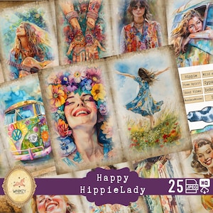 Kit de diario basura hippie Happy Lady Junk Journal Hippie Lady Bohemiandesigns Imprimible Feliz día de la mujer Happywomen Difundiendo positividad Boho