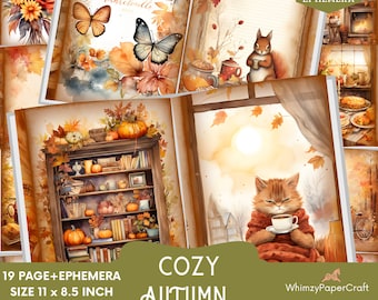 Puede incluir: Un planificador digital imprimible con un tema de otoño acogedor. La portada presenta una estantería con calabazas, libros y hojas de otoño. El texto "Cozy Autumn" está en un cuadro verde. El planificador mide 11 pulgadas por 8,5 pulgadas e incluye 19 páginas y 3 hojas de efímeras.