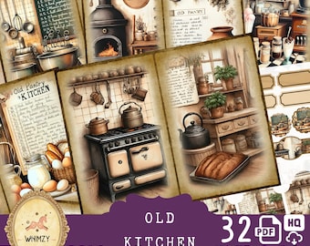Old Kitchen Junk Journal Kit | Printable Pages, Ephemera, Tags & Bookmarks | Cottagecore Cooking Baking,