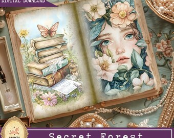 May include: Digital download of a vintage-style open book with watercolor illustrations. One page features a stack of books with a butterfly, the other a woman surrounded by flowers. The text "Secret Forest" is displayed.