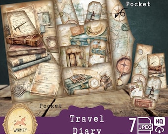 May include: A digital collage sheet with a travel theme. The sheet includes images of maps, compasses, suitcases, books, and other travel-related items. The sheet is designed for scrapbooking, card making, and other paper crafts. The sheet is labelled "Travel Diary" and includes the text "Inside" and "Pocket".