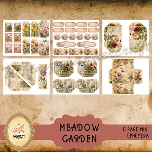 Puede incluir: Un conjunto de seis p&aacute;ginas de papel digital con un tema de jard&iacute;n de pradera. Las p&aacute;ginas presentan dise&ntilde;os florales, mariposas y texto de estilo vintage. Perfectas para scrapbooking, creaci&oacute;n de tarjetas y otras manualidades de papel.
