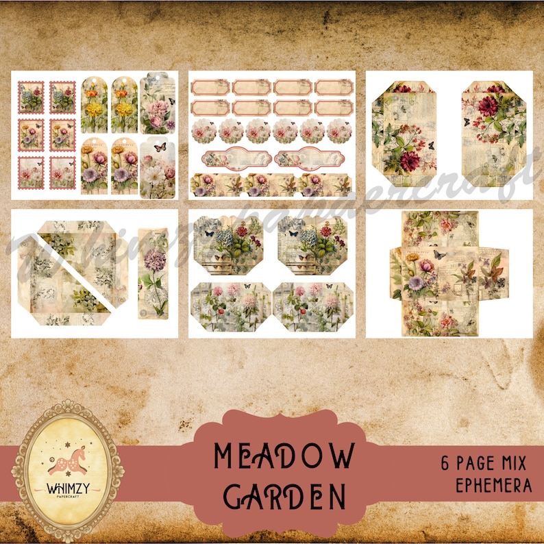 Puede incluir: Un conjunto de seis p&aacute;ginas de papel digital con un tema de jard&iacute;n de pradera. Las p&aacute;ginas presentan dise&ntilde;os florales, mariposas y texto de estilo vintage. Perfectas para scrapbooking, creaci&oacute;n de tarjetas y otras manualidades de papel.