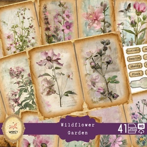 Wildblumen Junk Journal Kit, Cottage Garten, Cottage Garten druckbare Blumen Journal Seiten, Ephemera, digitaler Download, beunruhigtes Papier
