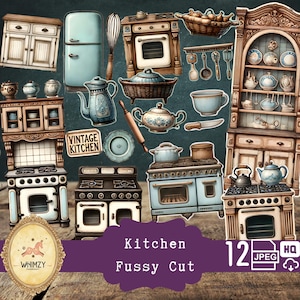 Kit de diario basura con etiquetas de cocina antiguas / Receta retro azul efímera / Repostería y cocina imprimible