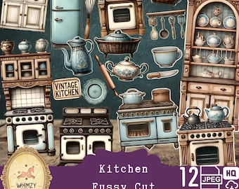 Alter Küchen Anhänger Junk Journal Kit | Blaues Retro Rezept Ephemera | Backen & Kochen zum Ausdrucken