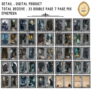 Pu&ograve; includere: Un set di 33 immagini digitali stampabili a doppia pagina e 7 a pagina singola con un tema gotico e spettrale. Le immagini raffigurano varie scene con un'atmosfera oscura e misteriosa, tra cui un castello, una foresta, una biblioteca e una scala. Le immagini sono perfette per creare progetti di scrapbooking digitale, inviti o altri progetti creativi.