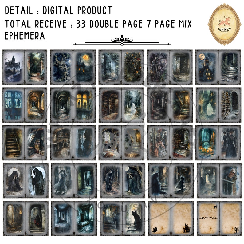 Pu&ograve; includere: Un set di 33 immagini digitali stampabili a doppia pagina e 7 a pagina singola con un tema gotico e spettrale. Le immagini raffigurano varie scene con un'atmosfera oscura e misteriosa, tra cui un castello, una foresta, una biblioteca e una scala. Le immagini sono perfette per creare progetti di scrapbooking digitale, inviti o altri progetti creativi.