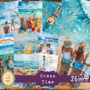 Kit de diario basura del océano de acuarela, papeles marinos, imprimibles de playa, kit de álbum de recortes de mar, hoja de collage de Oceanside, hojas de collage costero