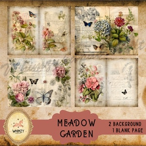 Puede incluir: Una hoja de collage digital con cuatro im&aacute;genes de ilustraciones florales vintage con mariposas. Las im&aacute;genes est&aacute;n sobre un fondo de viejas p&aacute;ginas manuscritas. El texto "MEADOW GARDEN" est&aacute; en la parte inferior de la hoja. El texto "2 BACKGROUND 1 BLANK PAGE" tambi&eacute;n est&aacute; en la parte inferior de la hoja.
