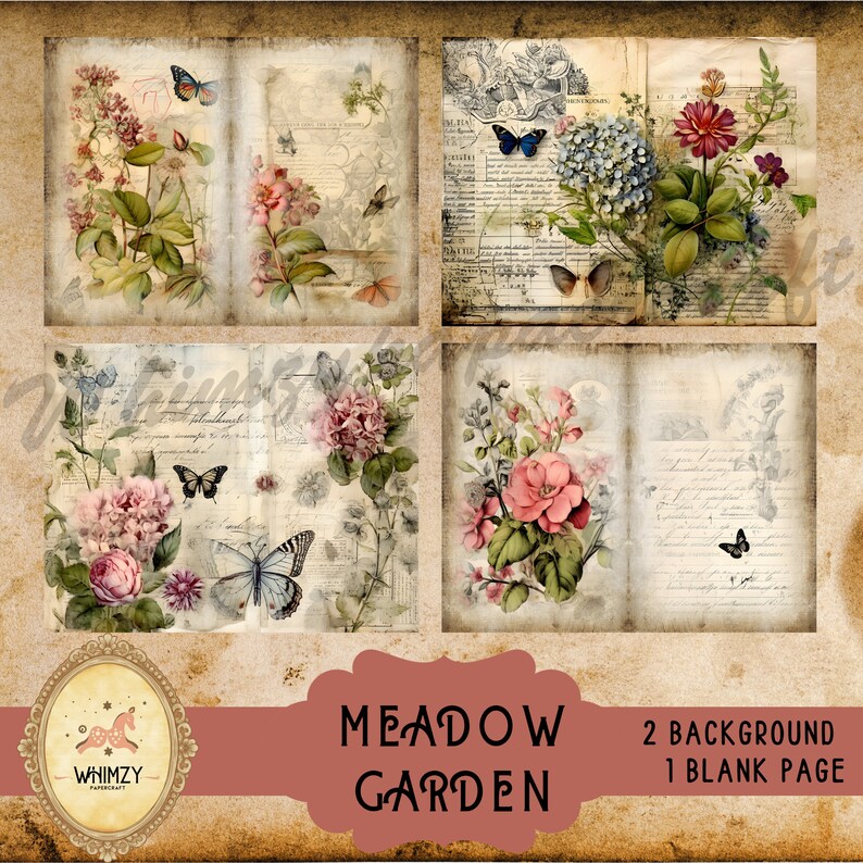 Puede incluir: Una hoja de collage digital con cuatro im&aacute;genes de ilustraciones florales vintage con mariposas. Las im&aacute;genes est&aacute;n sobre un fondo de viejas p&aacute;ginas manuscritas. El texto "MEADOW GARDEN" est&aacute; en la parte inferior de la hoja. El texto "2 BACKGROUND 1 BLANK PAGE" tambi&eacute;n est&aacute; en la parte inferior de la hoja.
