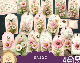 May include: Set of 8 printable daisy flower tags featuring pink and green floral designs. The tags have a vintage aesthetic and include handwritten text and butterflies. The tags are ideal for adding a touch of whimsy to your crafts and projects.