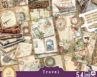 May include: A digital collage of 54 vintage-style images perfect for scrapbooking or digital journaling. The images feature travel-themed elements like maps, clocks, suitcases, ships, and flowers. The text "Travel Diary" is featured in the center of the collage.