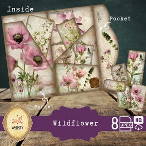 Wildflower Trifold Folio Junkjournal Kit Spring DIY Mini Folio Junk Journal Kit Digital Folding Folio Folder Kit Pocket Insert Ephemera Pack