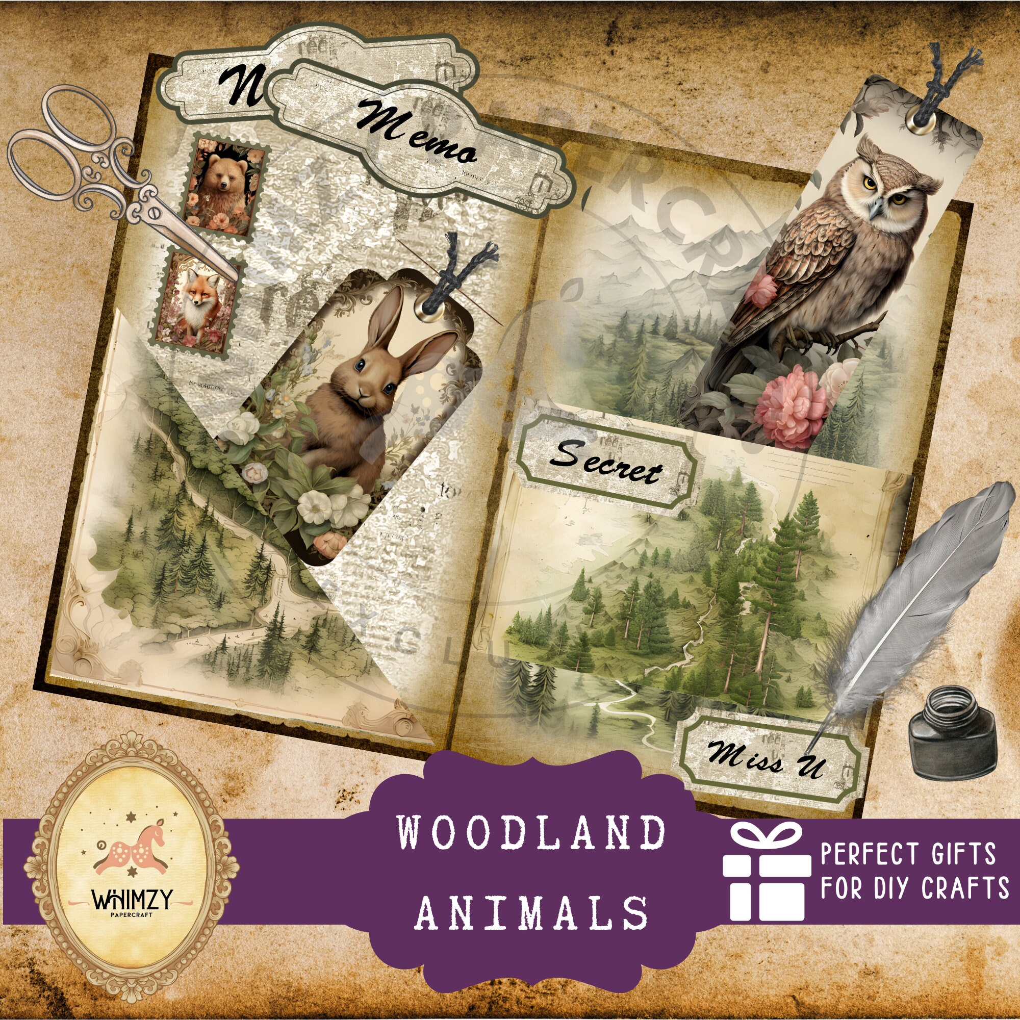 Woodland Animals Junk Journal Pages Forest Printable Digital Scrapbook ...