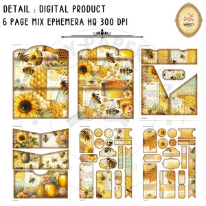 May include: Six digital printable pages of bee-themed ephemera with a mix of patterns, frames, and elements. The pages feature a yellow and brown color scheme with images of bees, honeycombs, sunflowers, and jars of honey. The text "Honey Bees" appears on one of the pages.