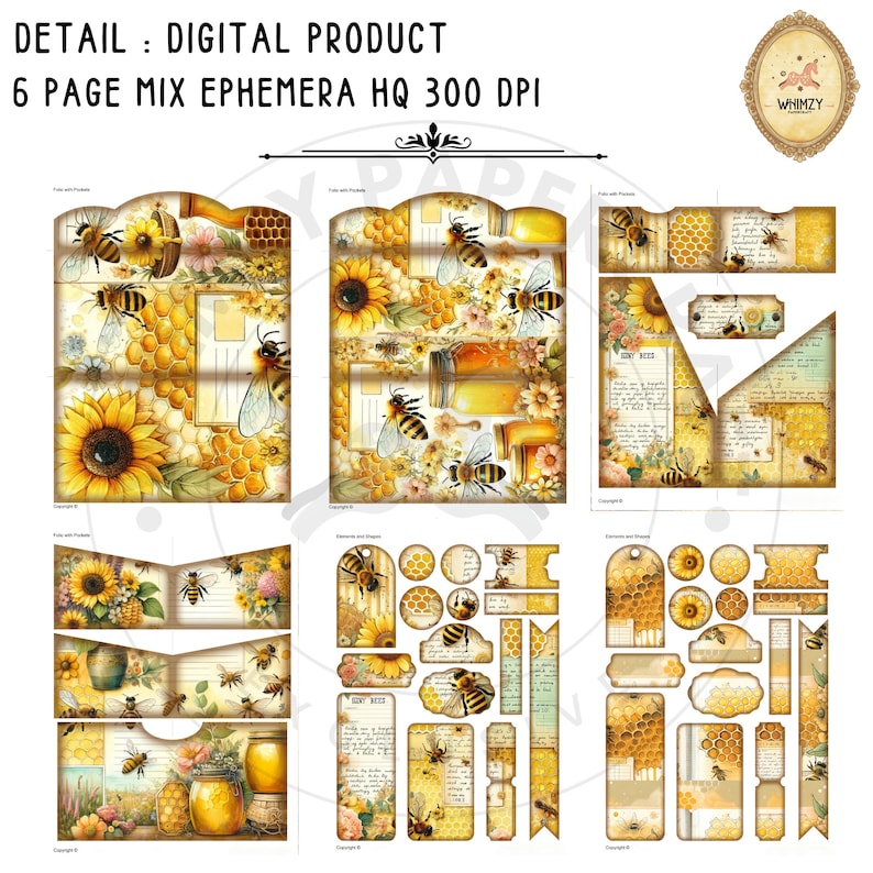 May include: Six digital printable pages of bee-themed ephemera with a mix of patterns, frames, and elements. The pages feature a yellow and brown color scheme with images of bees, honeycombs, sunflowers, and jars of honey. The text "Honey Bees" appears on one of the pages.