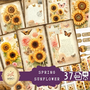Kit de diário lixo aquarela de girassóis (para impressão com coisas efêmeras, etiqueta) Girassol vintage, férias, memória, flor de primavera, papel digital