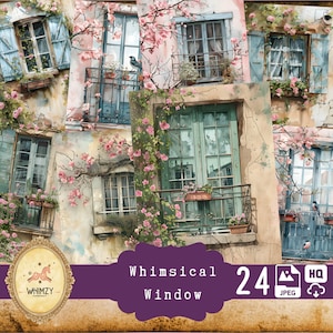 Skurrile Fenster, Junk Journal Kit, Blick aus dem Fenster, Frühlingsfenster, Blick auf den Garten, digitales Papier, Bunte Seiten