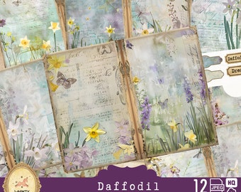 Daffodils Junk Journal Pages, Spring Flower Embroidery, DIY Scrapbooking Supplies