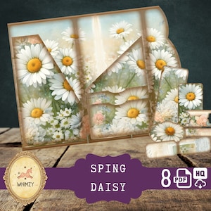 Kit per diario di scarto a tre ante Sping Daisy, kit per diario di scarto a tre ante fai da te vintage, kit per cartella pieghevole digitale, inserto tascabile per effimeri