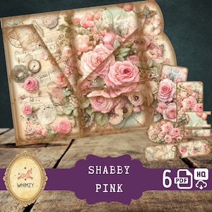 Schäbige Rose Trifold Folio Junkjournal Kit Vintage DIY Mini Folio Junk Journal Kit Digitale Falt-Folio Ordner Kit Tasche Insert Ephemera