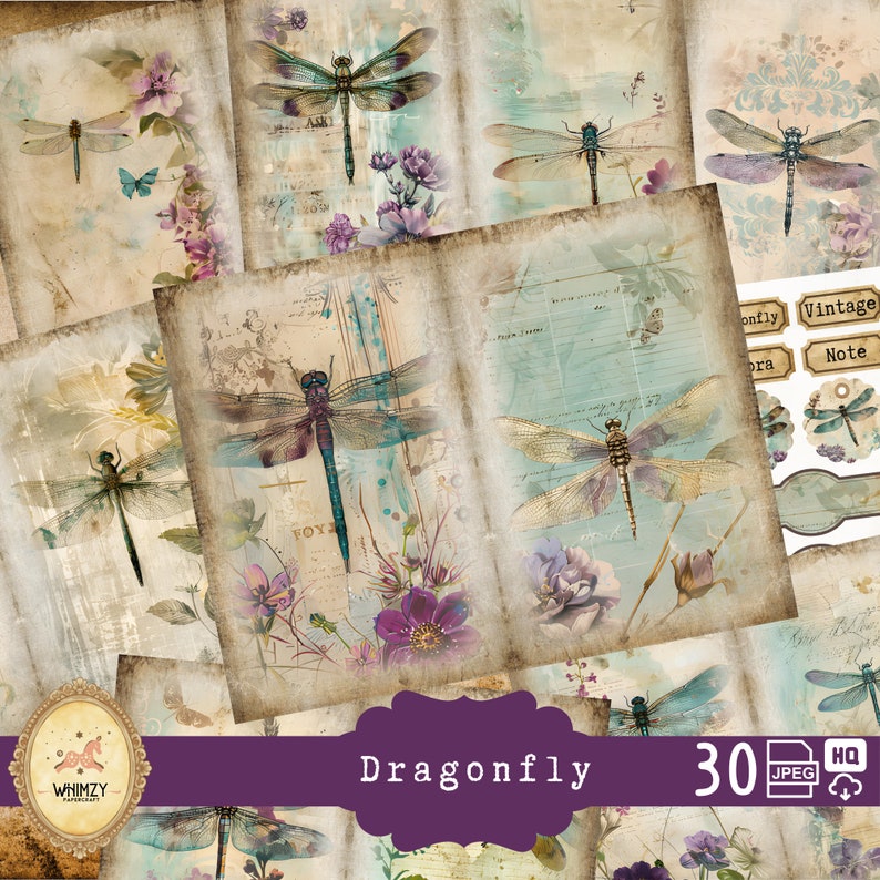 Dragonfly Junk Journal Kit, Vintage Dragonflies Digital Papers ...
